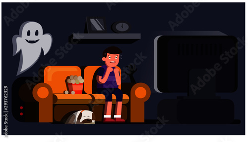 man watching horror movie scary with sleeping dog and ghost in night illustration