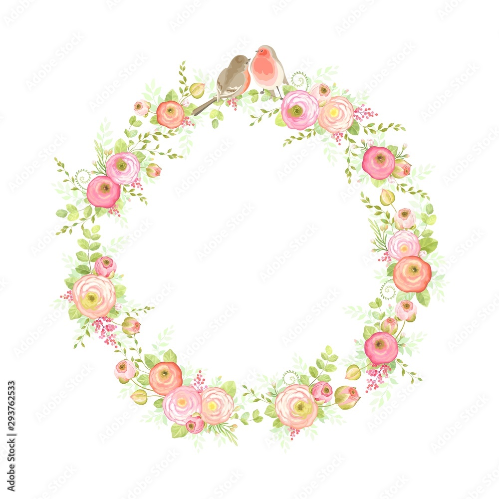 Floral frame with flowers Ranunculus, leaves, branches and birds. Vector illustration in vintage style. Wedding design.