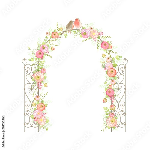 Wedding beautiful arch with flowers Ranunculus, leaves, branches and birds. Vector holiday illustration in vintage style. Floral design.