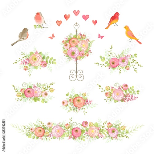 Set of flowers Ranunculus, leaves, branches, birds, hearts and butterflies. Vector floral decorations in vintage style for your design.