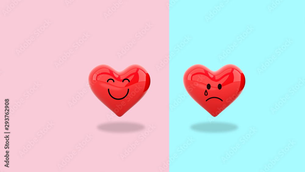one happy heart with one sad heart,3d rendering,Happy Valentines Day concept