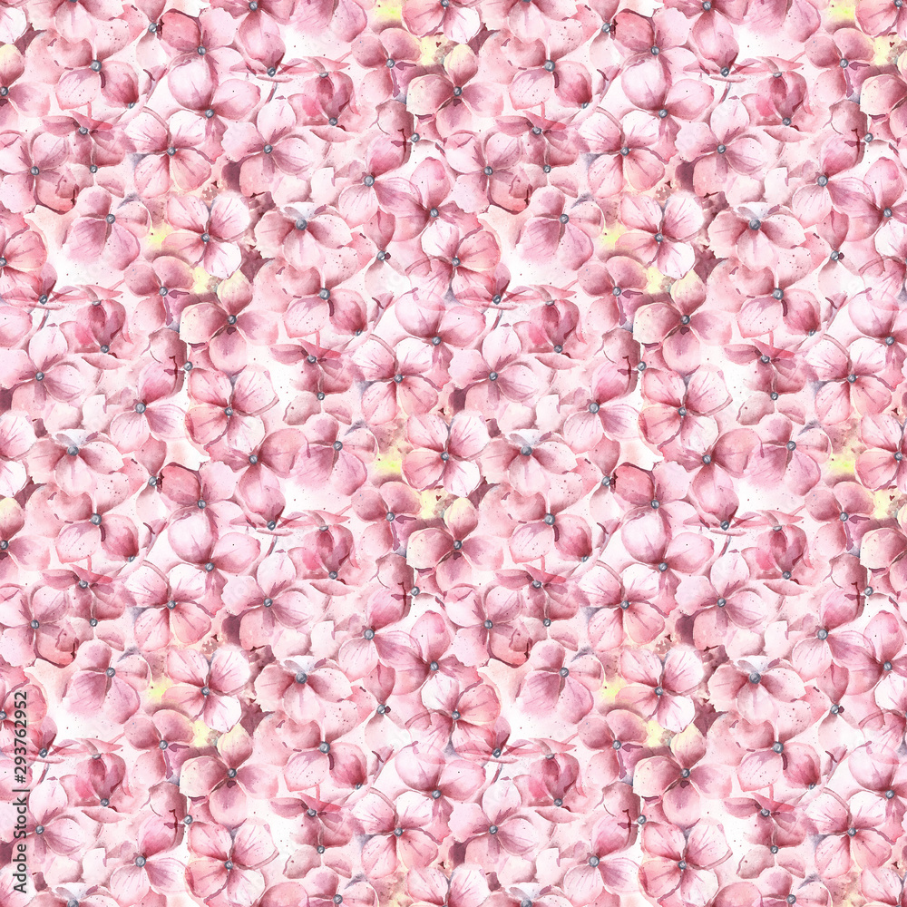 Hydrangea flowers seamless pattern. Pink color. Delicate retro design.