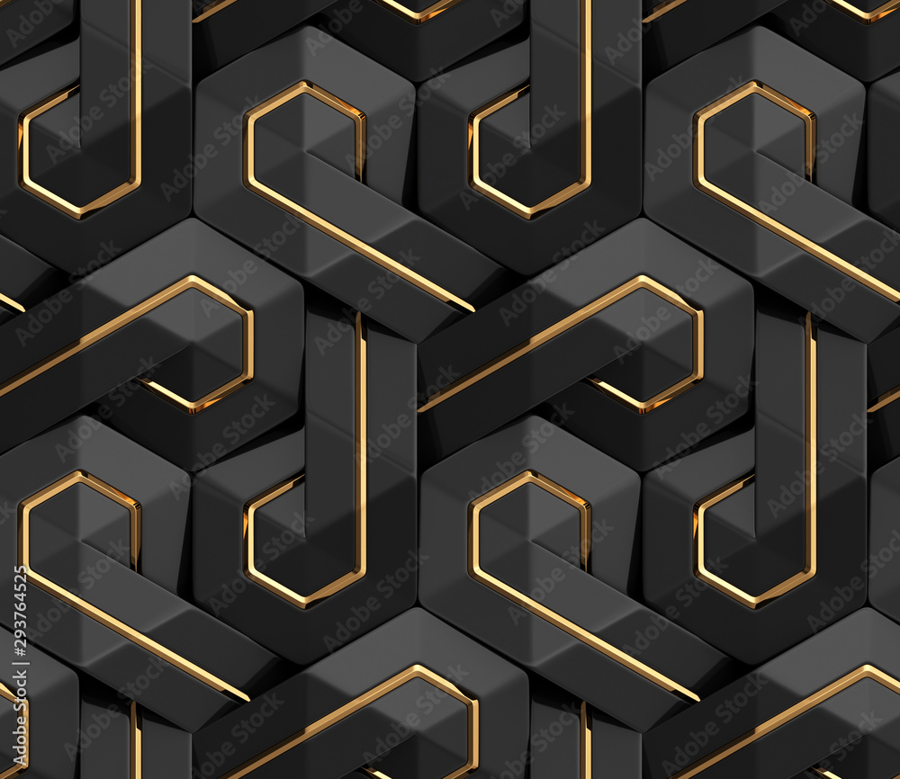 3D Wallpaper of black 3D panels geometric knot with gold decor ...