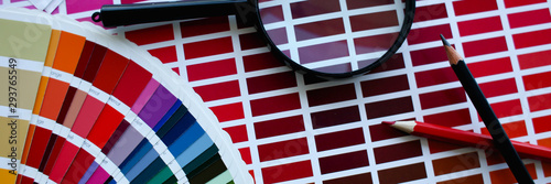 Color print of pantone statistics offset organization gives customer an order products for distribution during promotion concept photo
