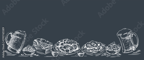 Beer and snack menu design, sketch on a chalkboard. Drinks with foam in mugs and glasses, a set of food, chips, sausages, french fries, nuts, fried squid. Wide horizontal vector on a dark background