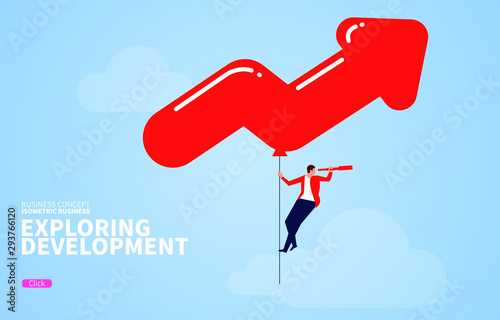 Exploring business development, arrow hot air balloon leading businessman holding telescope