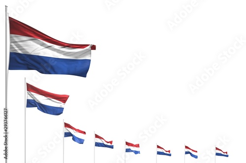 cute many Netherlands flags placed diagonal isolated on white with place for your text - any feast flag 3d illustration..