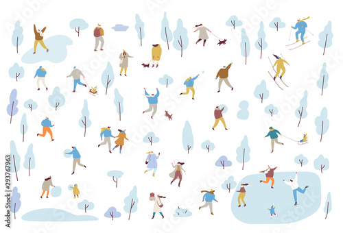 Winter park with people flat vector background. Crowd of happy people in warm clothes. Winter outdoor activities - skating, skiing, throwing snowballs, building snowman. 