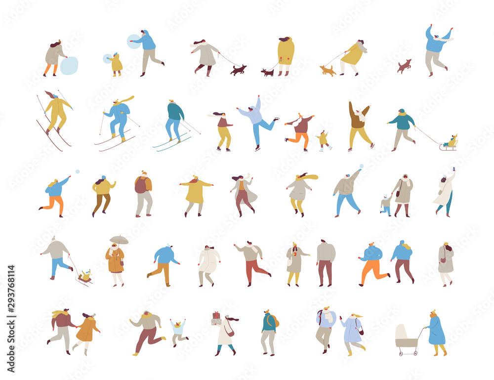 Winter outdoor activities - skating, skiing, throwing snowballs, building snowman. Crowd of happy people in warm clothes. Vector characters set.