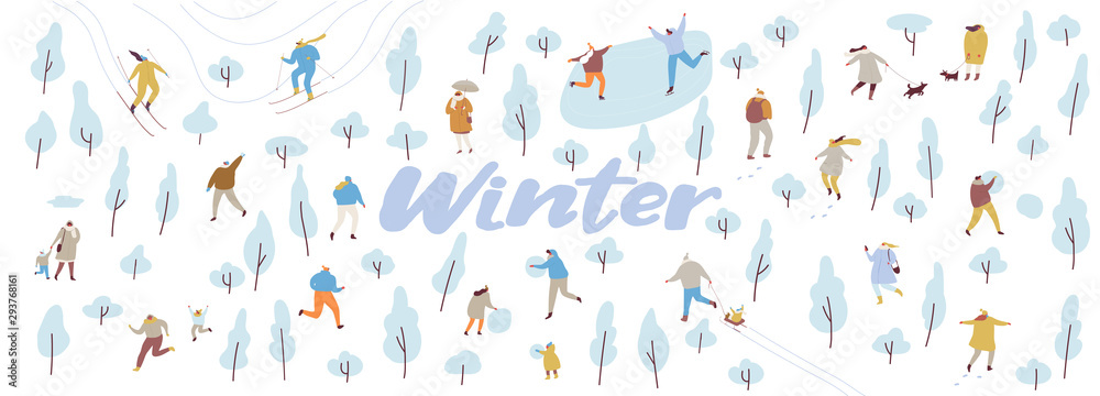 Winter park with people flat vector background. Crowd of happy people in warm clothes. Winter outdoor activities - skating, skiing, throwing snowballs, building snowman. 