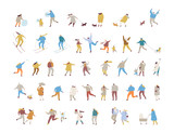 Winter outdoor activities - skating, skiing, throwing snowballs, building snowman. Crowd of happy people in warm clothes. Vector characters set.