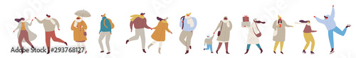 Crowd of people horizontal banner. Various Winter People dressed in outerwear. Male and female flat characters isolated on white background.