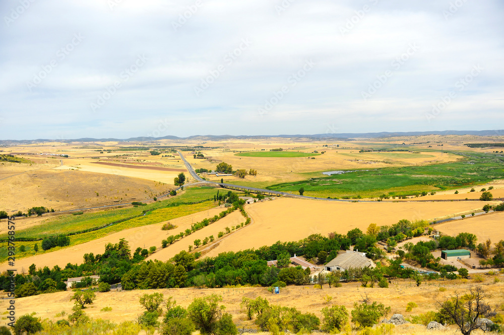 Panoramic view of the Guadiana River valley from the ruins of the castle of Alarcos in Ciudad Real Castilla la Mancha Spain