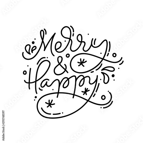 Merry and Happy calligraphic hand written monoline Christmas text. Xmas holidays lettering for greeting card, poster, modern winter season postcard, brochure