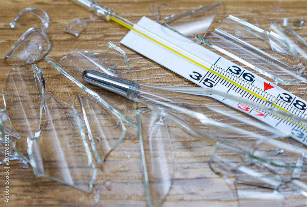 Broken mercury glass thermometer on the floor at home. Close-up, selective  focus. Stock Photo | Adobe Stock