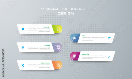 Infographic template with 5 options, workflow, process chart,Timeline infographics design vector can be used for workflow layout, diagram, annual report, web design, steps or processes. - Vector