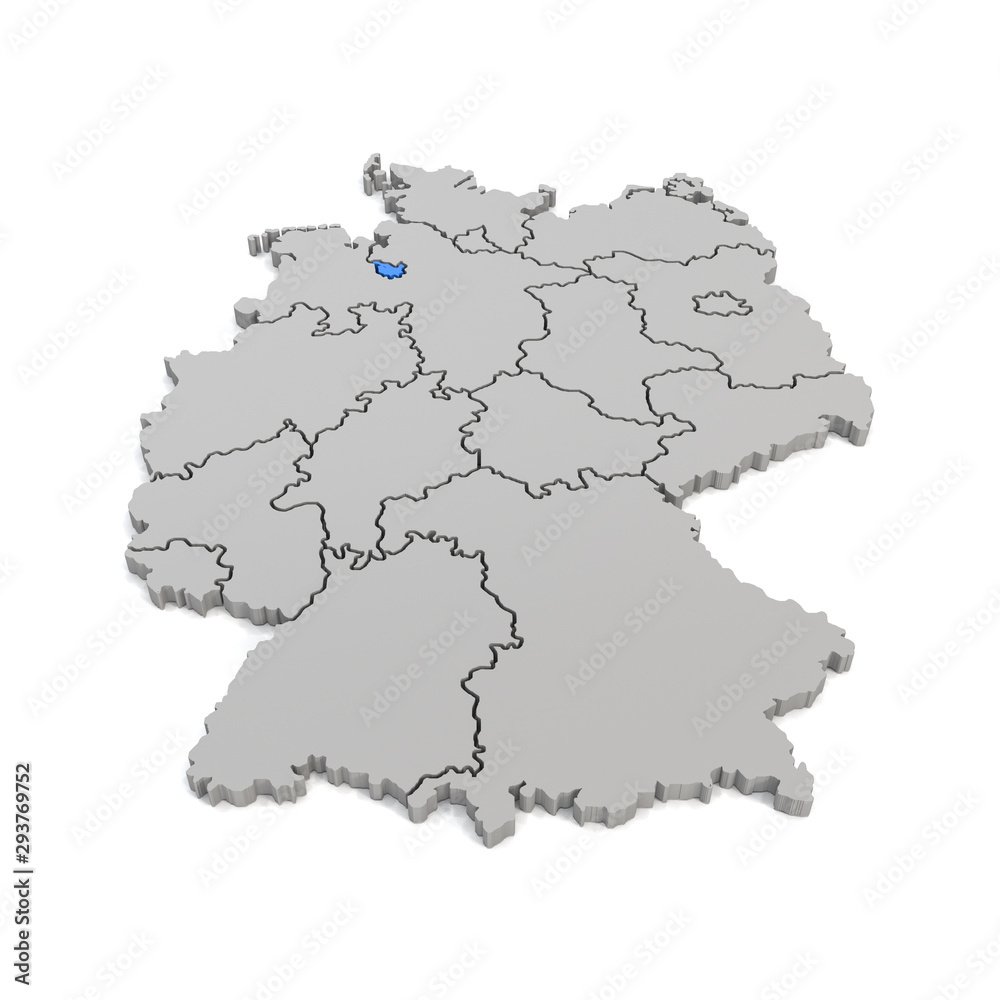 Obraz premium 3d Illustation - Deutschlandkarte in grau mit Fokus auf Bremen in blau - 16 Bundesländer
