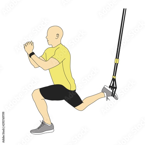 Illustration of man doing TRX suspended lunge with ropes isolated on white.