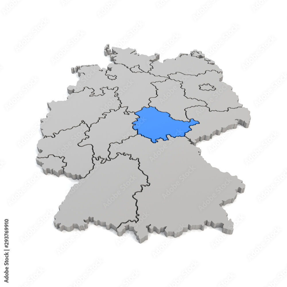 3d Illustation - Deutschlandkarte in grau mit Fokus auf Thüringen in blau - 16 Bundesländer