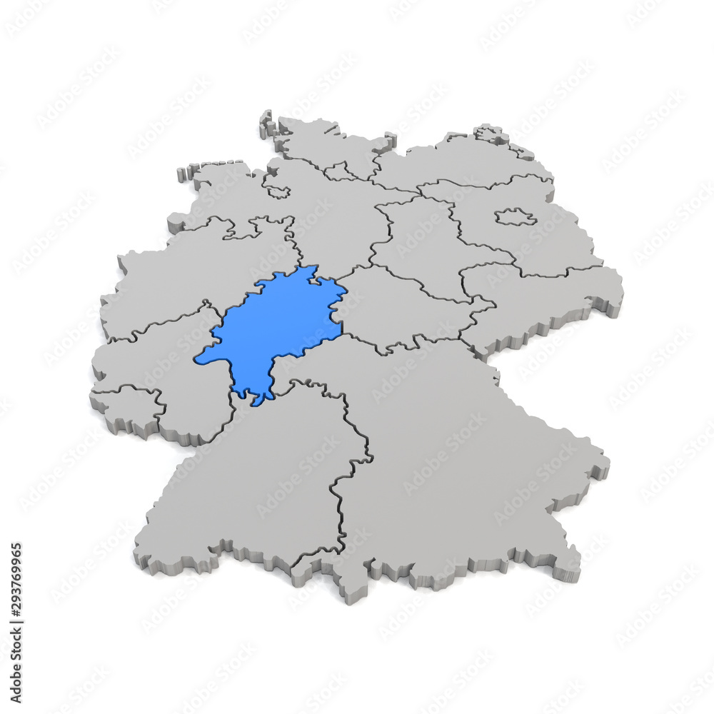 3d Illustation - Deutschlandkarte in grau mit Fokus auf Hessen in blau - 16 Bundesländer