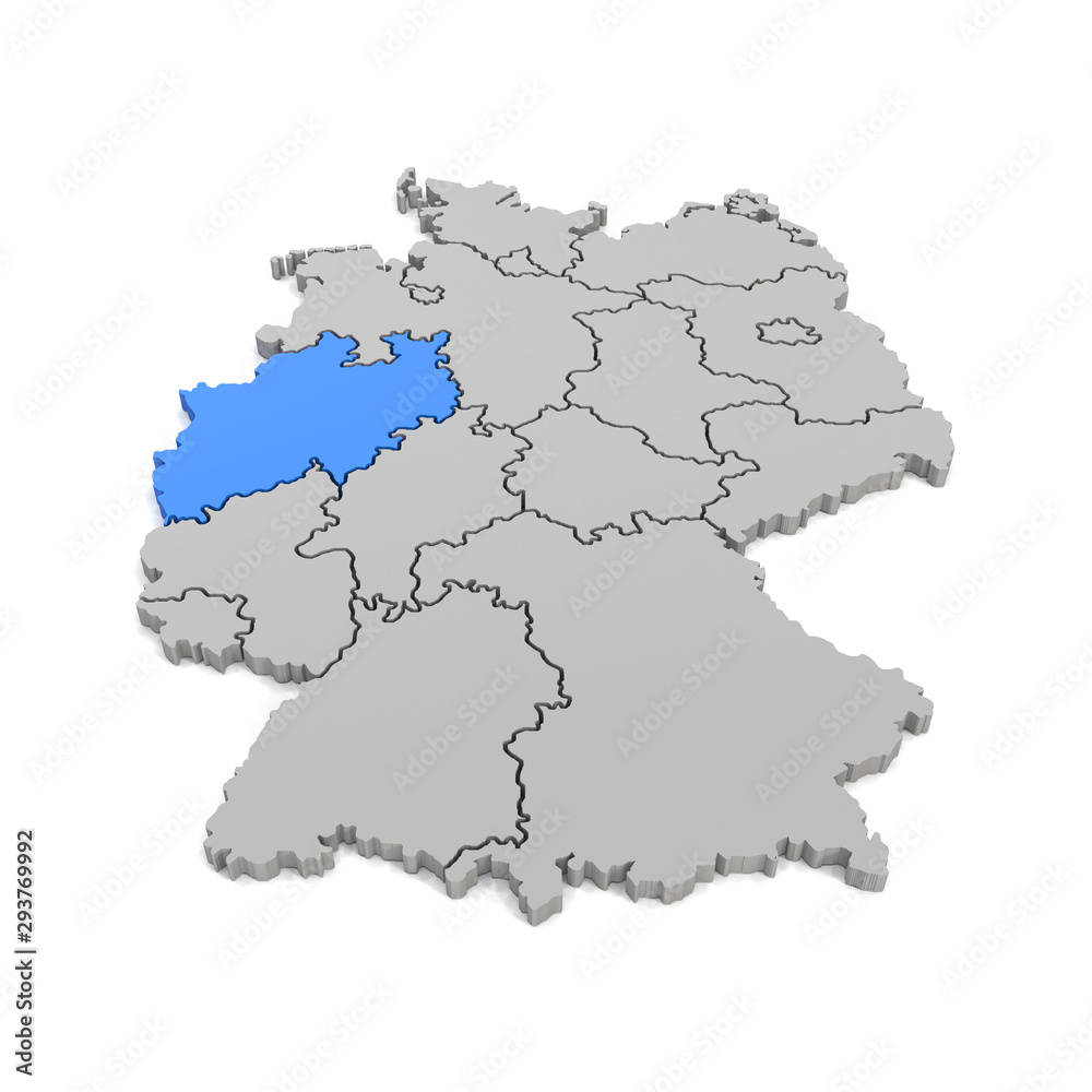 3d Illustation - Deutschlandkarte in grau mit Fokus auf Nordrhein-Westfalen in blau - 16 Bundesländer