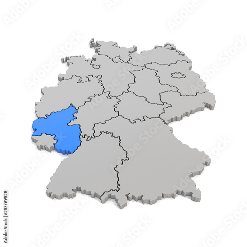 3d Illustation - Deutschlandkarte in grau mit Fokus auf Rheinland-Pfalz in blau - 16 Bundesl  nder