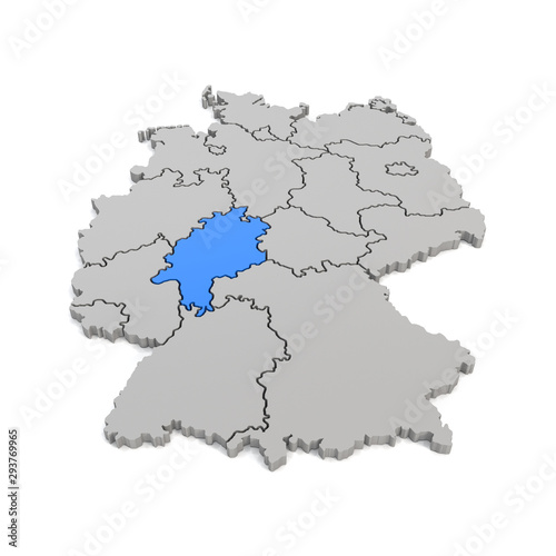 3d Illustation - Deutschlandkarte in grau mit Fokus auf Hessen in blau - 16 Bundesl  nder
