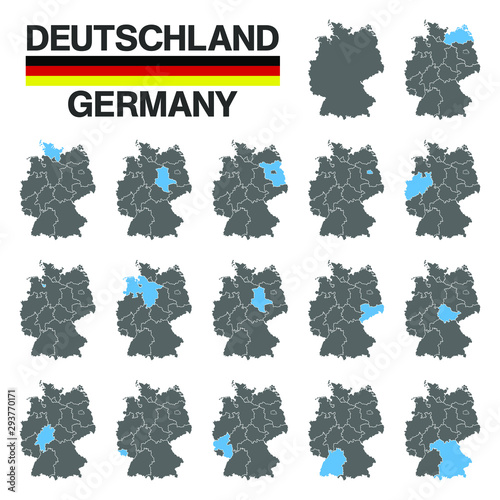 Deutschland - Karte - 16 Bundesländern - Vektor Set - Blau