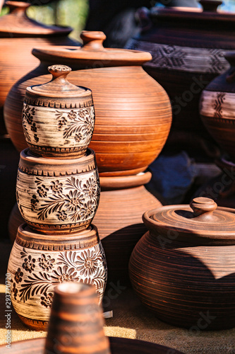 Hand made ceramic pottery on autumn open fair