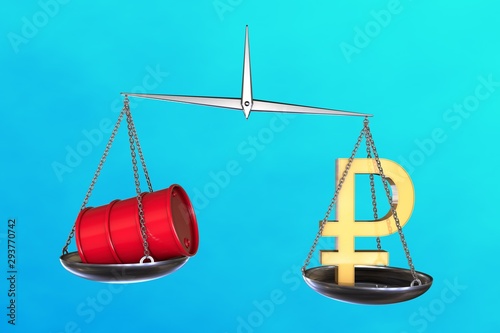 3D illustration: vintage scales in disbalance with the red barrel of oil on one side and a sign of Russian ruble on the other. Petroleum business, gasoline. Purchase sale, auction, stock exchange.  © massimo vernicesole