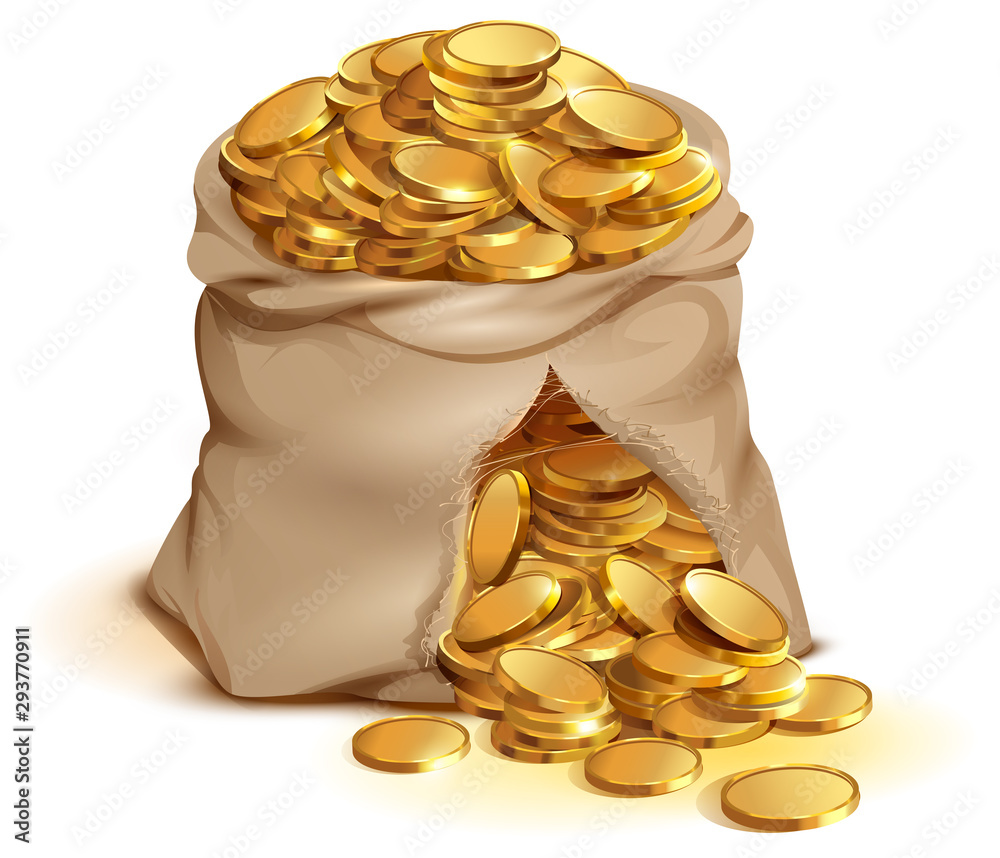 Full bag of gold coins burst. Cash gold money Stock-Vektorgrafik | Adobe  Stock
