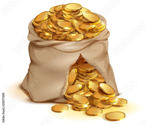 Full bag of gold coins burst. Cash gold money