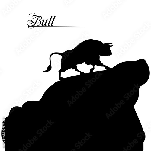Black bull rises uphill, silhouette on a white background