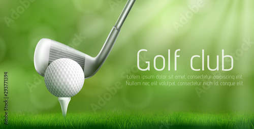 Golf club advertising banner template with putter under ball on tee pushed into golf course green lawn. Sport competition or tournament invitation flyer, promo poster 3d realistic vector illustration
