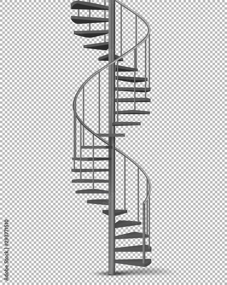 Metal spiral, helical staircase on pillar with tube railings and wooden  stairs 3d realistic vector illustration isolated on transparent background.  House interior, building exterior design element Stock Vector | Adobe Stock