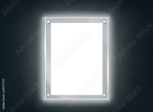 Blank poster glowing in darkness 3d realistic vector illustration isolated on black background. Illuminated signboard, photo glass frame, name plate, art gallery exhibition case, ad banner mock-up
