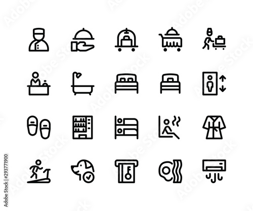 Simple Set of Hotel Service Related Vector Line Icons. Contains such Icons as bellboy, room service, bathtube, sauna and More. pixel perfect vector icons based on 32px grid. Editable Strokes
