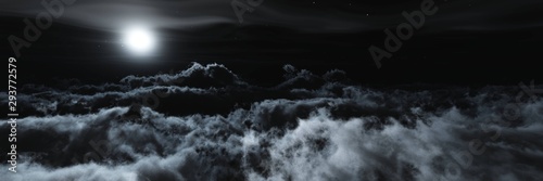 Night over the clouds. The moon over the clouds. Moonrise over the clouds. . 3d rendering.