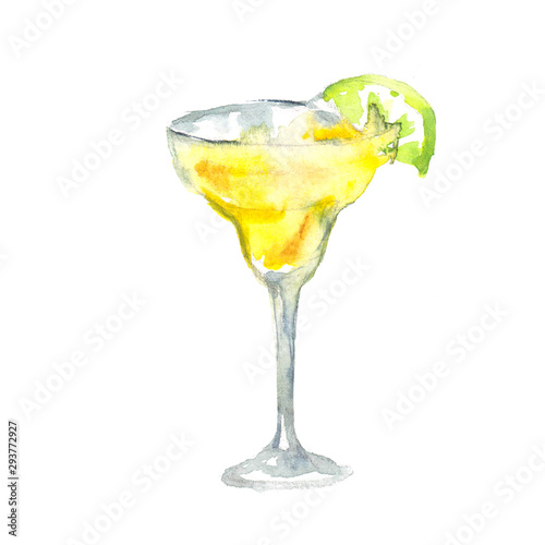 Alcohol drink Margarita cocktail with lime slice. Watercolor illustration isolated on white background