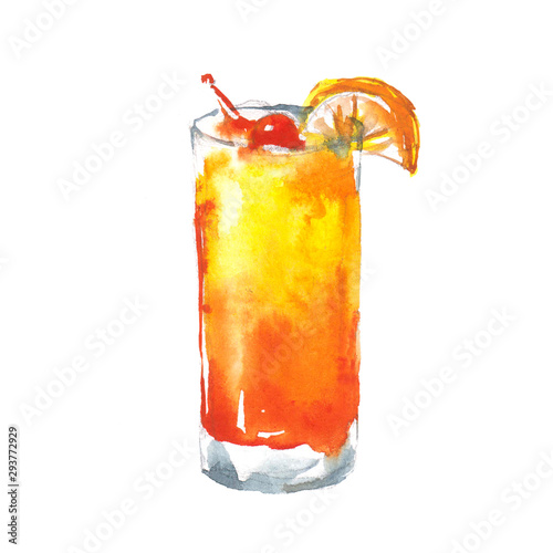 Alcohol drink cocktail Tequila Sunrise. Watercolor illustration isolated on white background