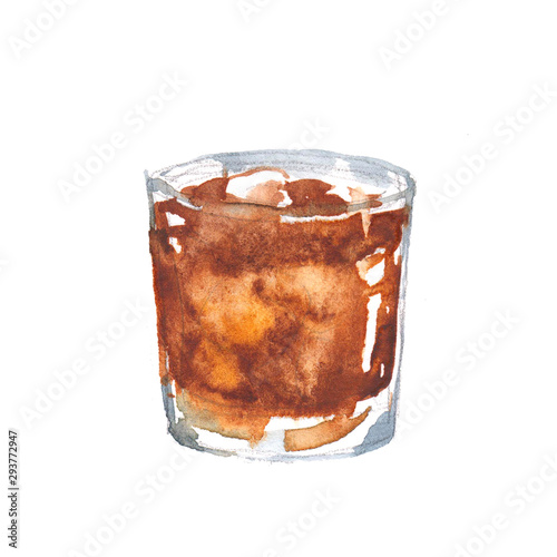 Alcohol drink brown cocktail with wiskey and cola. Watercolor illustration isolated on white background