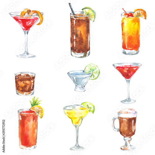 Alcohol drinks cocktail set watercolor illustration isolated on white background