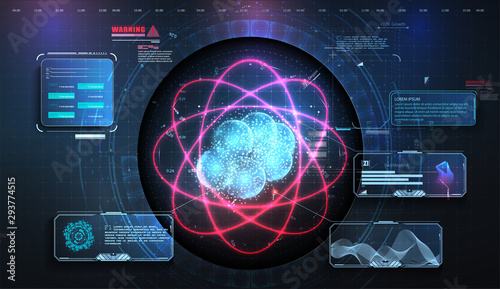 Abstract background. Elegant glowing circle. Light ring. Atoms and electrons. HUD, UI, GUI display work on project augmented reality. Futuristic 3D atom particle physics data analysis digital device