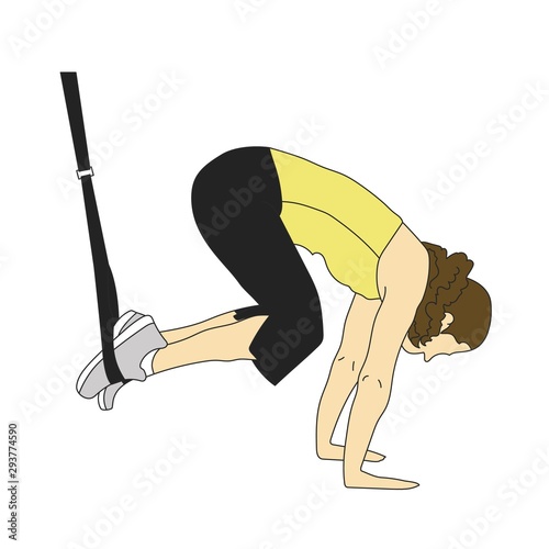Side view of woman doing TRX tuck knee exercises with a rope isolated on white.