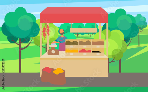 Man standing at counter of greengrocers shop or marketplace and selling fruits and vegetables. Fresh farm food, selling organic products tent, vendor in apron in park vector