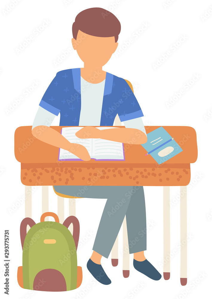 Boy sitting by desk in school vector, isolated schoolboy with book and textbook writing ideas on subject. Satchel bag on floor, education in college. Back to school concept. Flat cartoon
