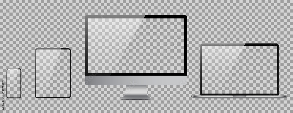 Set of computer, laptop, tablet and phone in realistic vector style.