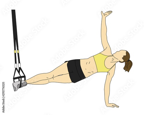 Side view of woman standing in side plank while doing trx exercises with a rope isolated on white.