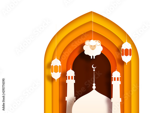 Paper cut background with mosque, lantern and sheep. Islamic festival of animal sacrifice Eid-ul-Adha background.