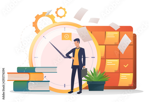 Businessman consulting watch. Clock, stack of books, note board, papers. Time management concept. Vector illustration for topics like education, training, development